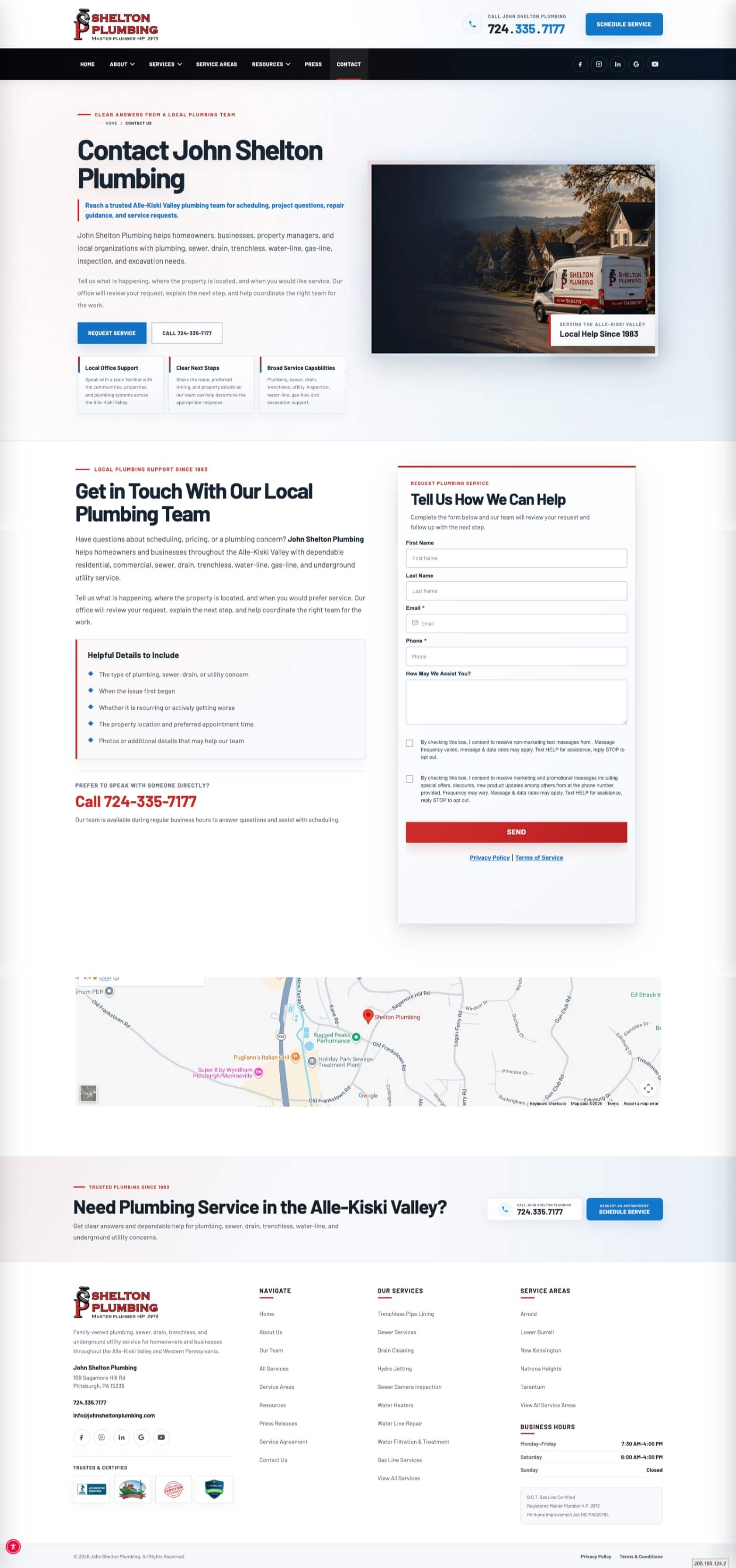 John Shelton Plumbing contact page designed by Corner Roots