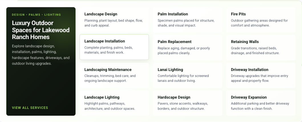 Custom Paradise Palms service navigation designed by Corner Roots